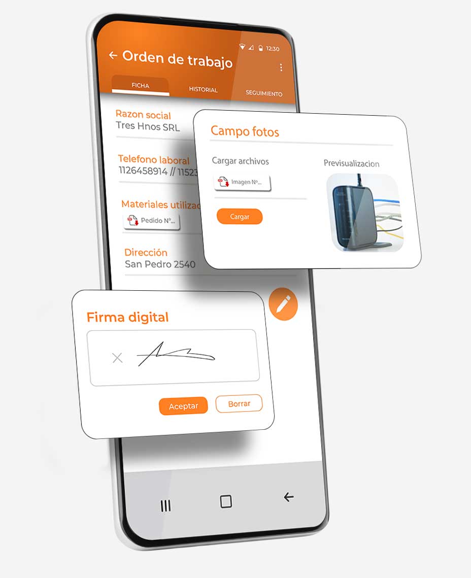 menú y módulos de coordinación de equipos técnicos dentro de celular android