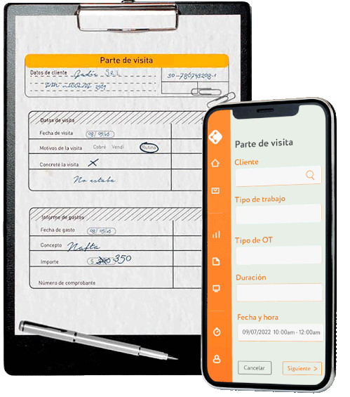 orden de servicio en papel en formato plantilla junto a orden de servicio digital en formato aplicación mobile